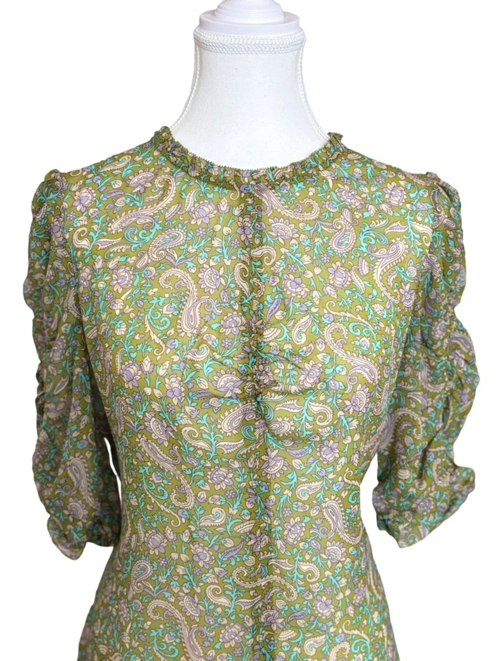 Veronica Beard Silk Paisley Blouse Green Ruffle Sleeve Top Size 8 - Picture 3 of 7